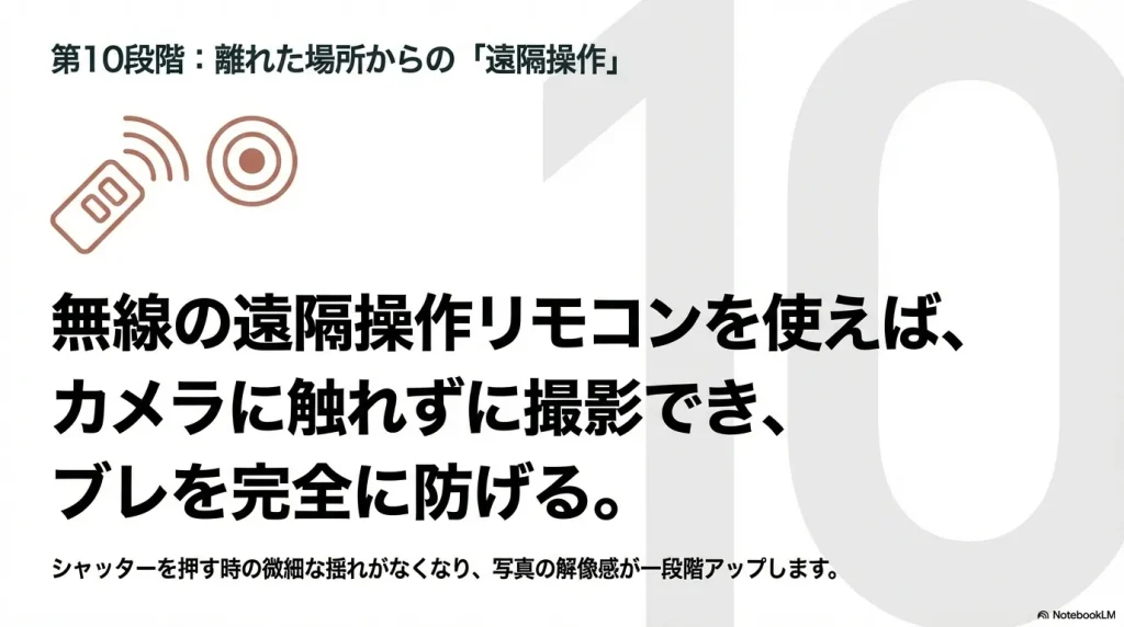 無線の遠隔操作リモコンを使い、カメラに触れずにブレを完全に防ぐ方法を解説するスライド