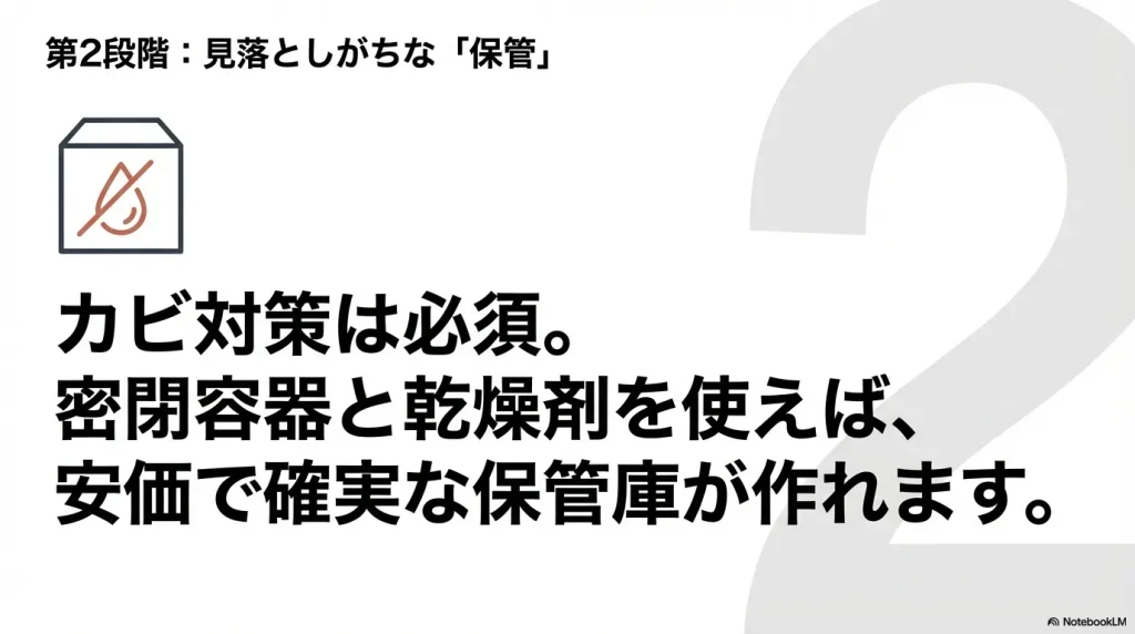 カビ対策として、密閉容器と乾燥剤を使った保管庫作りを提案するスライド