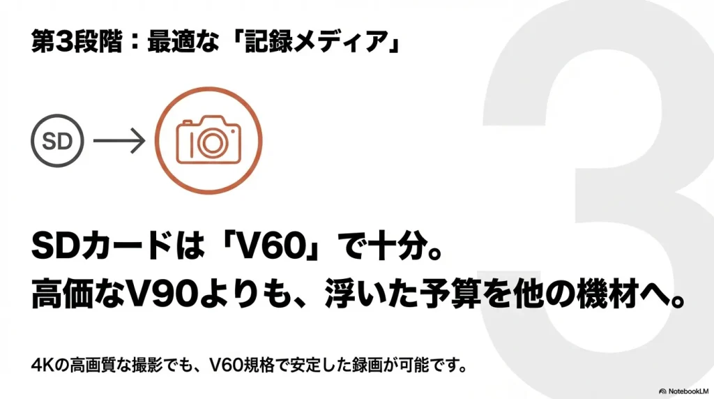 SDカードはV60で十分であり、4Kの高画質撮影でも安定した録画が可能であることを説明するスライド
