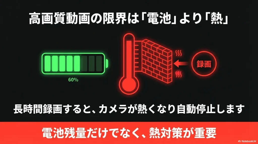 高画質動画の限界は電池より熱であり、長時間録画するとカメラが熱くなり自動停止するため熱対策が重要です 。