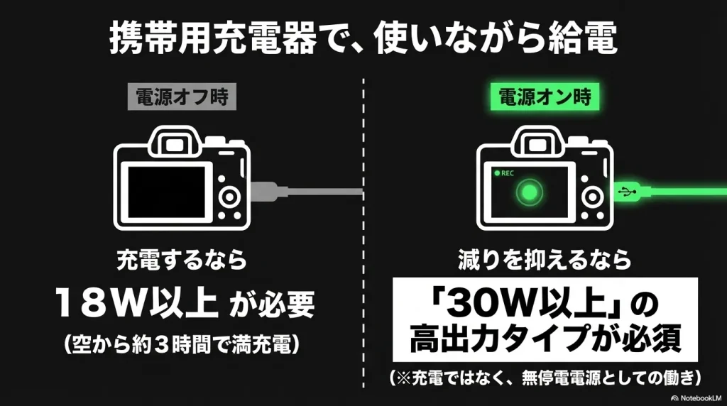 携帯用充電器で使いながら給電。充電には18W以上が必要で、減りを抑えるには30W以上の高出力タイプが必須です 。