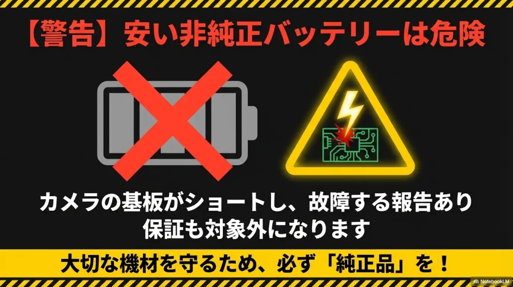 安い非純正バッテリーは基板ショートなどの故障の原因となり保証対象外になるため、必ず純正品を使用しましょう 。