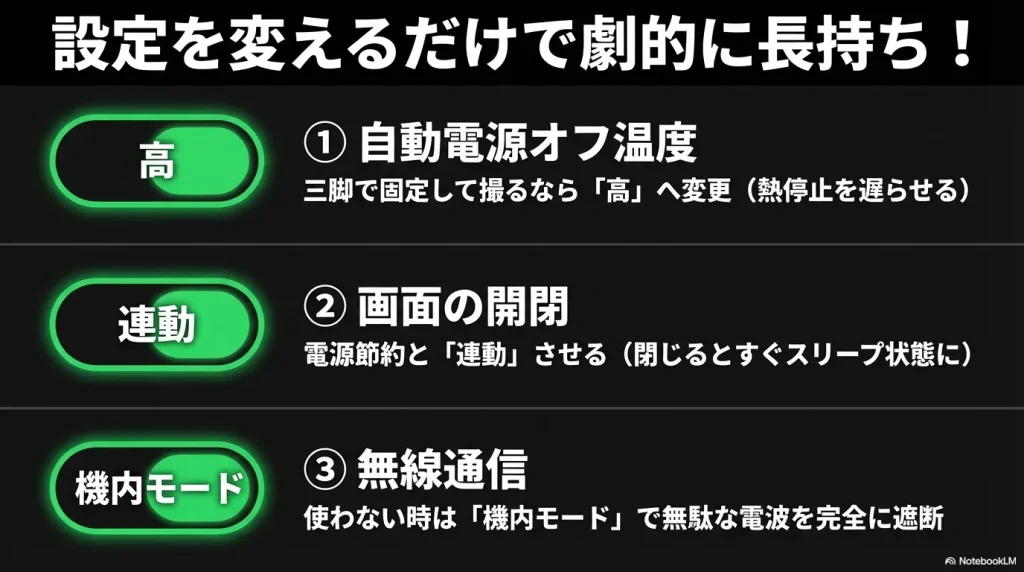 自動電源オフ温度を「高」に、画面の開閉を「連動」に、無線通信を「機内モード」に設定変更するだけで劇的に長持ちします 。