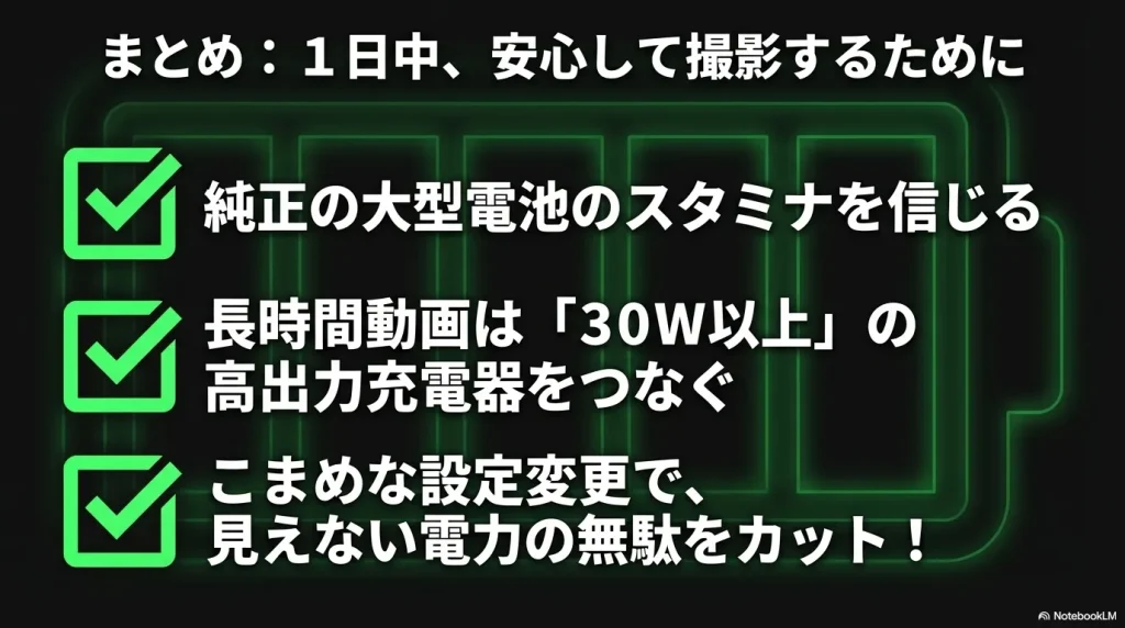 1日中安心して撮影するためのまとめ。純正電池を信じ、長時間動画には30W以上の充電器を繋ぎ、こまめな設定変更で無駄をカットします 。