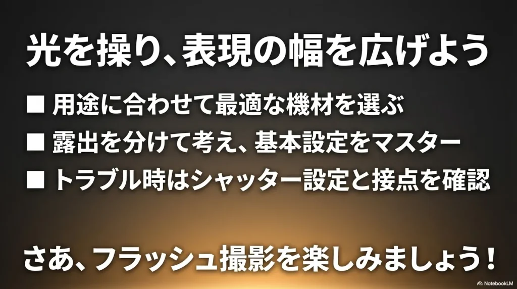 α6700フラッシュ撮影のまとめ。機材選び、露出設定、トラブル解決のポイントを再確認するチェックリスト。