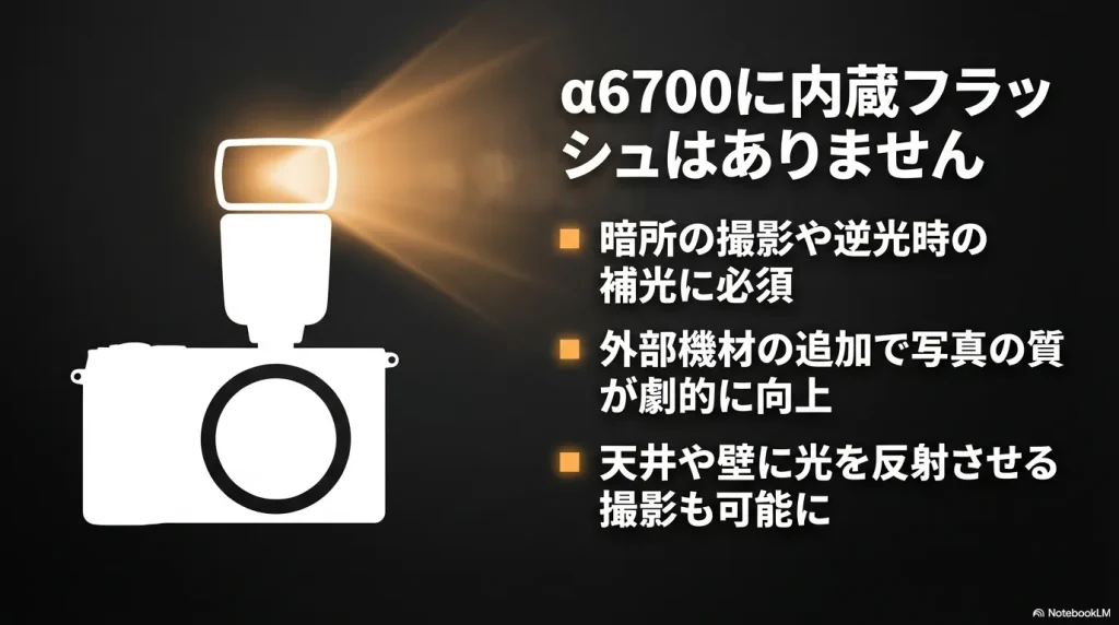 α6700には内蔵フラッシュがないことを説明するスライド。暗所での補光やバウンス撮影のために外部フラッシュが必要であることを示しています。