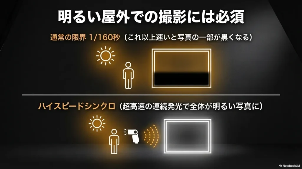 通常の同調限界1/160秒と、それを超えるシャッタースピードで撮影可能にするハイスピードシンクロ（HSS）の仕組みを説明する図解。