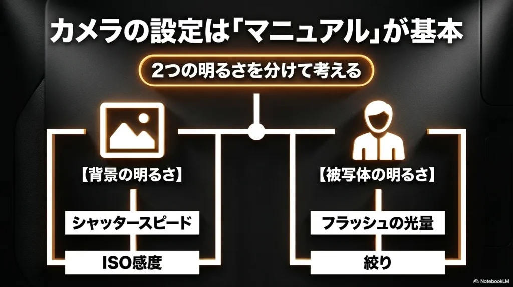 フラッシュ撮影時の露出設定ガイド。背景の明るさをシャッタースピードとISOで、被写体の明るさをフラッシュ光量と絞りで調整する概念図