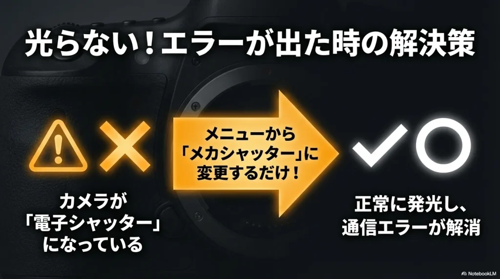フラッシュが光らない時の解決策。電子シャッターからメカシャッターへ設定変更を促すトラブルシューティング図解。