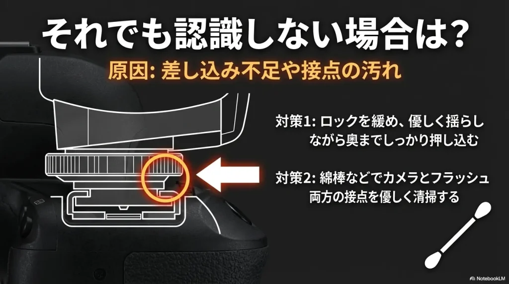フラッシュを認識しない原因となる差し込み不足や接点の汚れに対する、具体的な清掃と装着方法の図解。