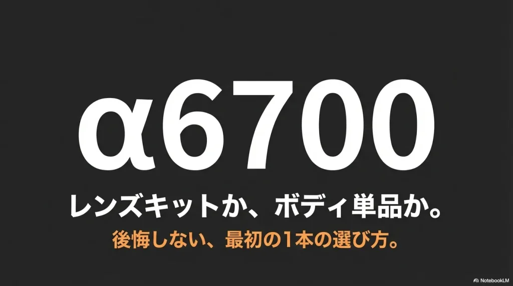 「α6700」「レンズキットか、ボディ単品か。」「後悔しない、最初の1本の選び方。」と書かれたタイトルスライド画像