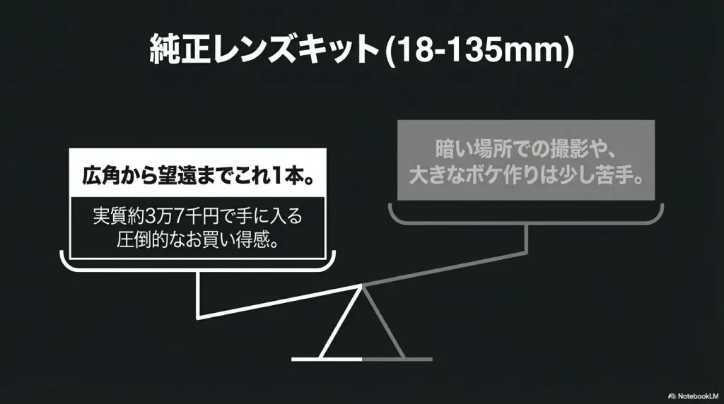 純正レンズキット(18-135mm)について、広角から望遠まで1本で撮れてお買い得なメリットと、暗い場所や大きなボケ作りが少し苦手というデメリットを天秤にかけた解説スライド