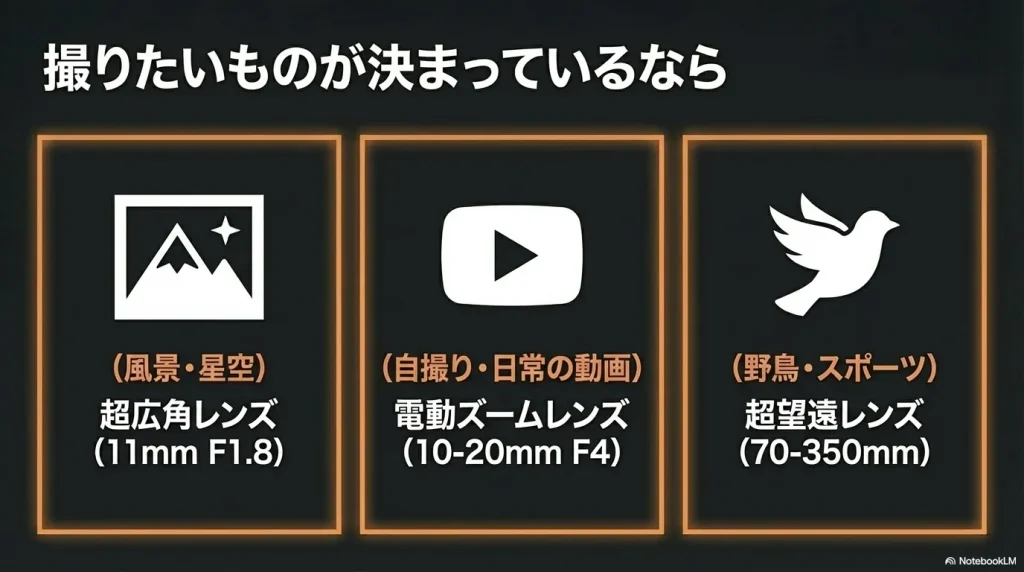 撮りたいものが決まっているなら、風景・星空には超広角レンズ、自撮り・日常の動画には電動ズームレンズ、野鳥・スポーツには超望遠レンズをおすすめするスライド