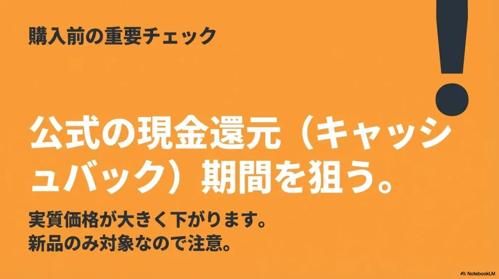 購入前の重要チェックとして、公式の現金還元キャンペーン期間を狙うことをおすすめするスライド。実質価格が大きく下がるが新品のみ対象である点も記載