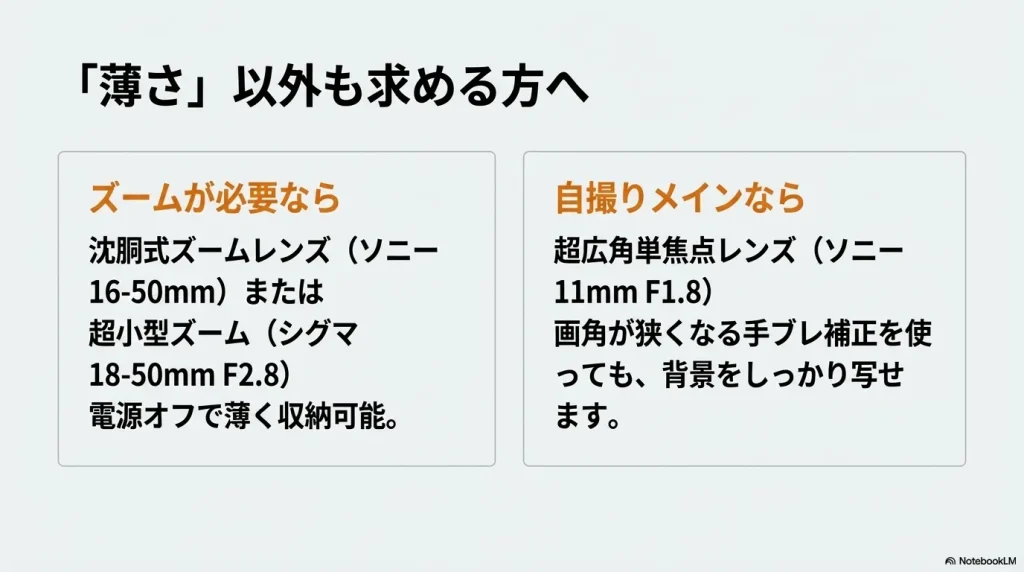 ズームが必要な方や自撮りをメインにする方向けに、沈胴式ズームや超広角単焦点レンズを提案するスライド
