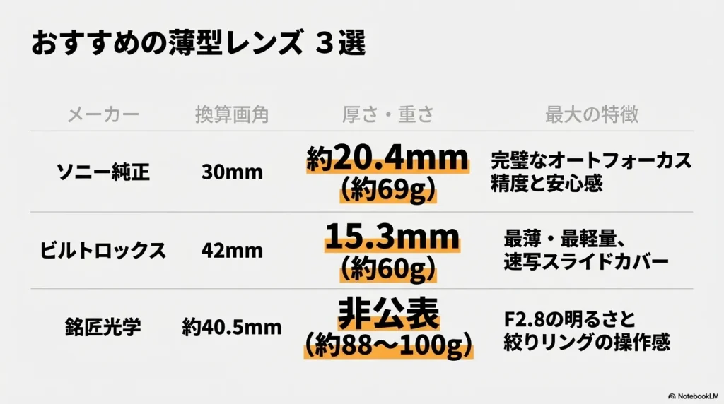 ソニー純正、ビルトロックス、銘匠光学のおすすめ薄型レンズ3本の画角や厚さ・重さをまとめたスペック比較表