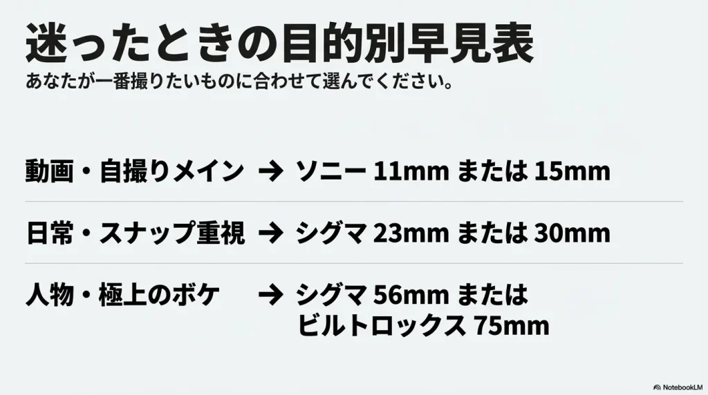 撮りたいものに合わせて選べる目的別早見表スライド。 動画・自撮りメインにはソニーの11mmか15mm、日常・スナップ重視にはシグマの23mmか30mm、人物・極上のボケにはシグマの56mmかビルトロックスの75mmを推奨。