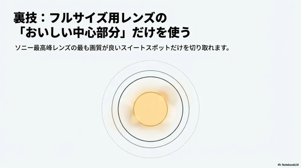 フルサイズ用レンズの最も画質が良い中心部分（スイートスポット）だけを切り取って使う裏技を解説したスライド。