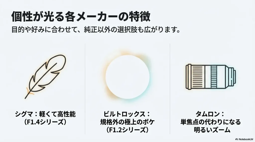 目的や好みに合わせて選べる、各レンズメーカーの特徴をまとめたスライド。 軽くて高性能なシグマ、極上のボケのビルトロックス、単焦点の代わりになる明るいズームのタムロンを紹介。