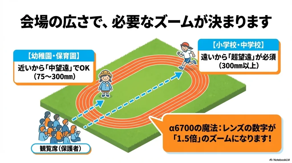 幼稚園から中学校まで、会場の広さで決まる必要なズーム距離