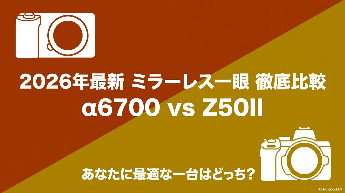 2026年最新のミラーレス一眼であるα6700とZ50IIの徹底比較を示すタイトルスライド画像