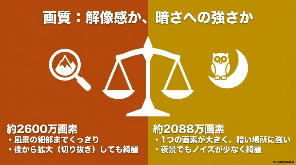 約2600万画素のα6700と約2088万画素のZ50IIにおける、解像感と暗さへの強さの画質比較スライド画像