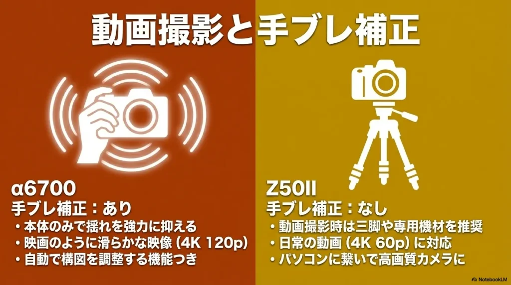 本体に手ブレ補正があるα6700と、手ブレ補正がなく専用機材が推奨されるZ50IIの動画撮影時の違いを解説したスライド画像