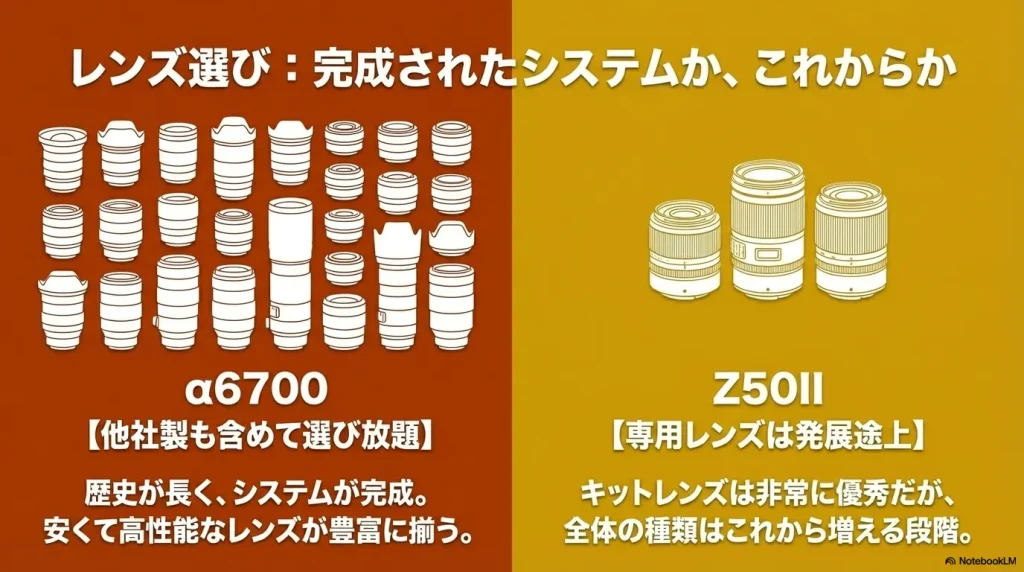 他社製も含めて選び放題なα6700のレンズシステムと、専用レンズが発展途上なZ50IIのレンズ選びの比較スライド画像