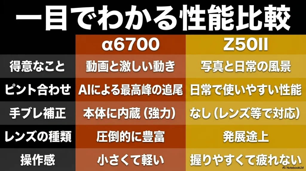 得意なこと、ピント合わせ、手ブレ補正、レンズの種類、操作感についてα6700とZ50IIの性能を一目でわかるようにまとめた比較表のスライド画像