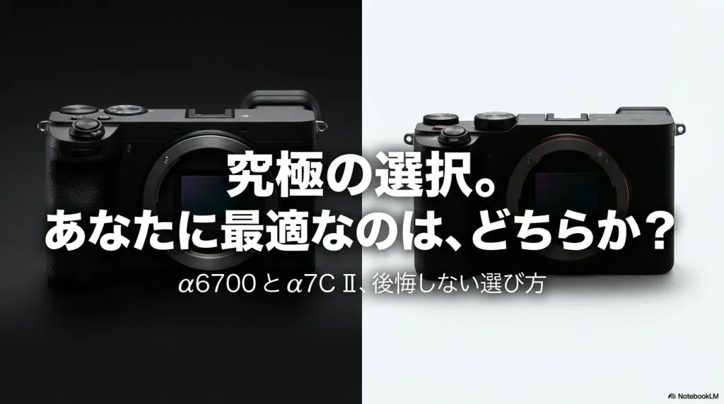 ソニーのミラーレスカメラα6700とα7C IIの比較。究極の選択、後悔しない選び方のタイトルスライド。