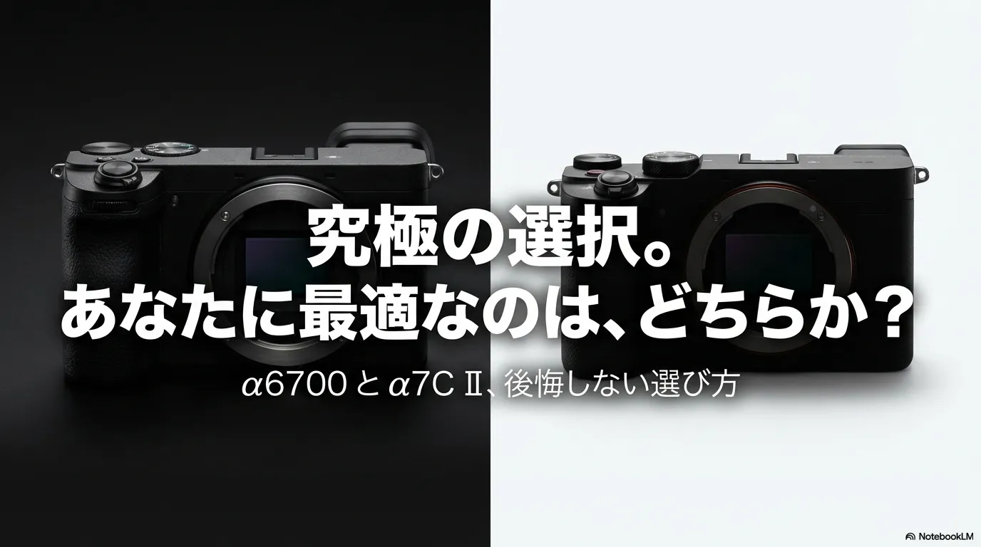 ソニーのミラーレスカメラα6700とα7C IIの比較。究極の選択、後悔しない選び方のタイトルスライド。