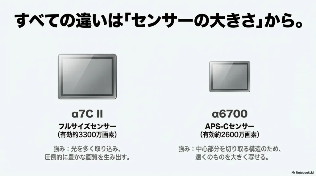 α7C IIのフルサイズセンサー(3300万画素)とα6700のAPS-Cセンサー(2600万画素)の比較図。