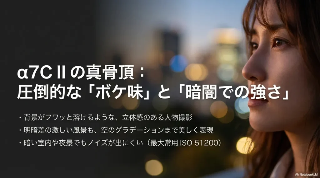 α7C IIのメリットである圧倒的なボケ味と常用ISO 51200による暗所での強さを説明するスライド。