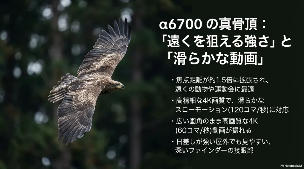 α6700のメリットである1.5倍の望遠効果と、4K120pスローモーション対応を説明するスライド。