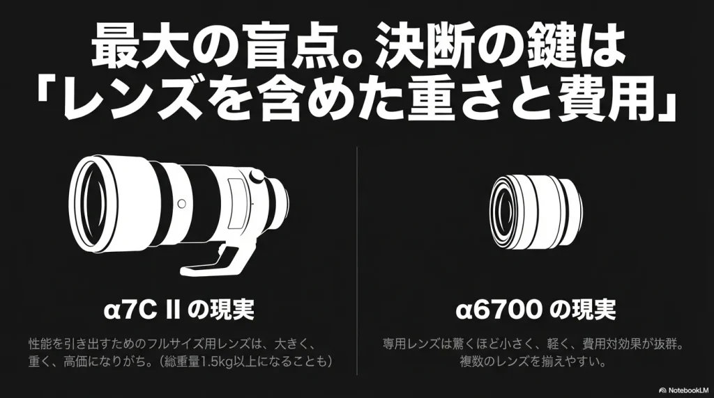 α7C IIのフルサイズ用レンズは重く高価になりがちである一方、α6700の専用レンズは小型・軽量で高コスパであることを比較したスライド。