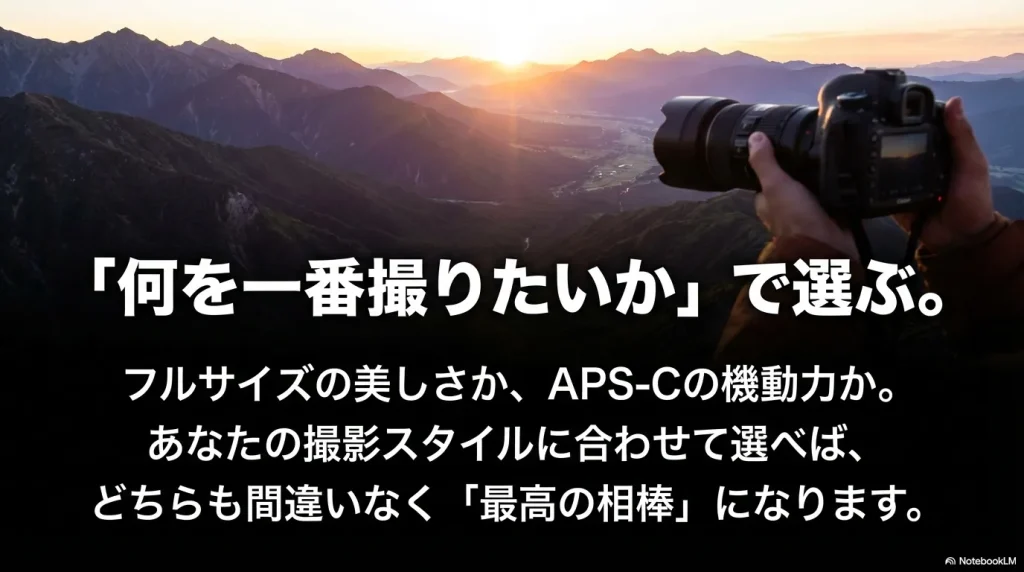 フルサイズの美しさか、APS-Cの機動力か、撮影スタイルに合わせて選ぶことを推奨するまとめのスライド。