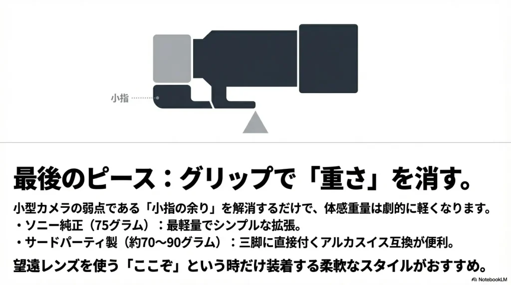 小型カメラの弱点である小指の余りを解消し、グリップ追加で体感重量を軽くする仕組みを図解したスライド。