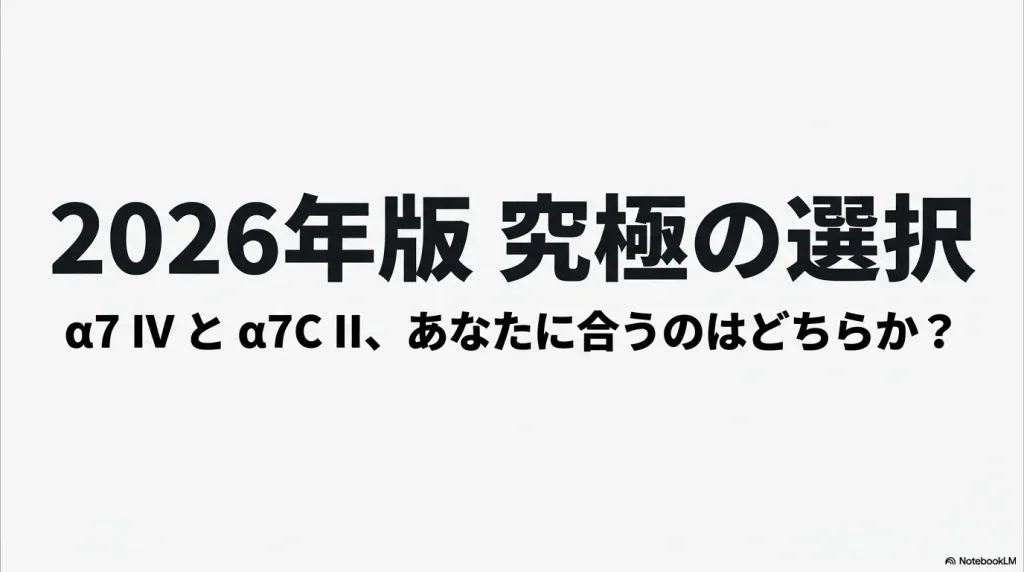 2026年版究極の選択、α7 IVとα7C IIのどちらが自分に合うかを示すタイトルスライド