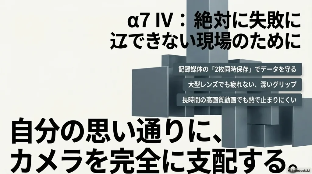 α7 IVは2枚同時保存、深いグリップ、熱対策により、絶対に失敗できない現場に対応する