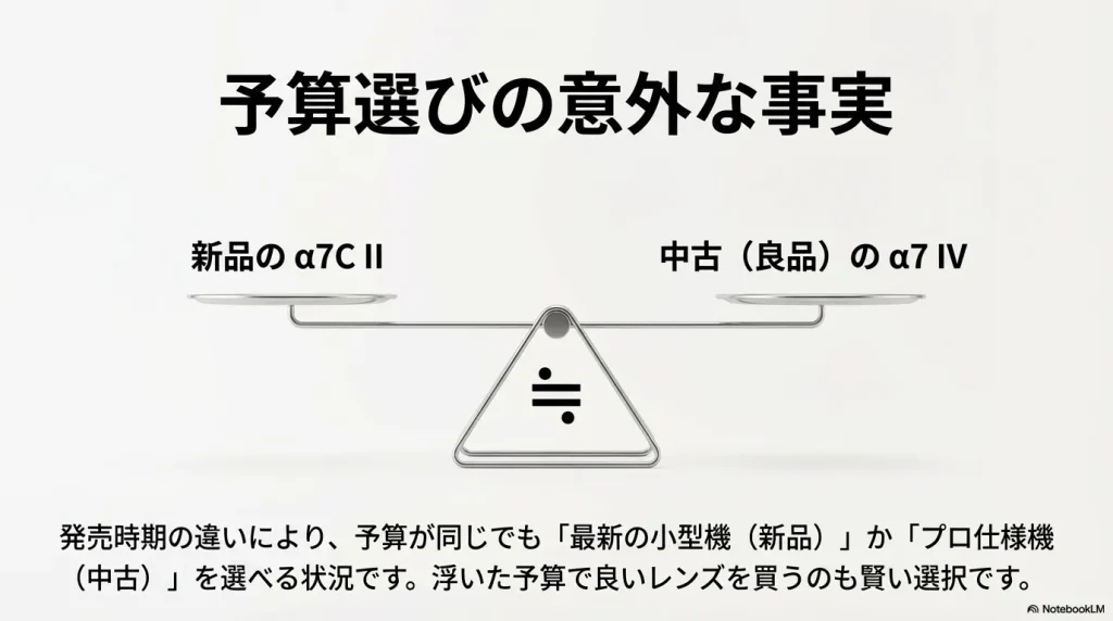 予算選びの意外な事実として、新品のα7C IIと中古良品のα7 IVがほぼ同価格帯であること