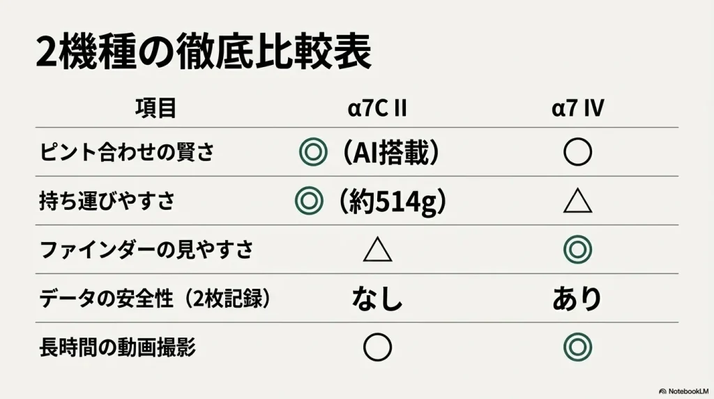 α7C IIとα7 IVのピント合わせ、持ち運びやすさ、ファインダー、データ安全性などを比較した表