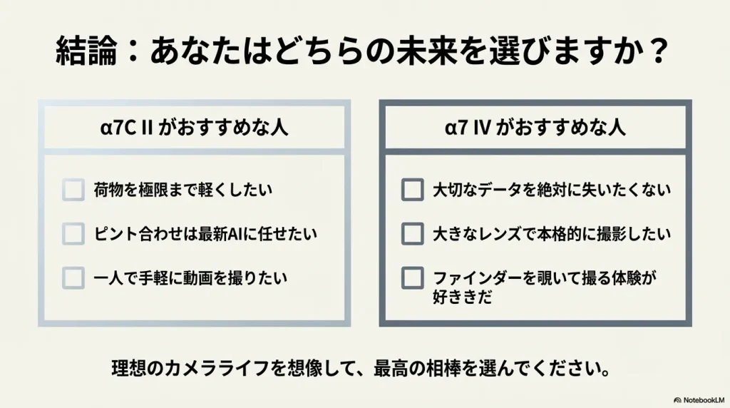 結論として、荷物を軽くしたい人やAIに任せたい人はα7C II、データを守りたい人や本格撮影したい人はα7 IVがおすすめ