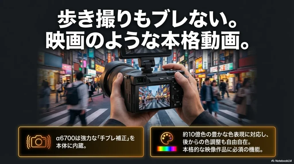 本体に手ブレ補正を内蔵し、約10億色の豊かな色表現に対応するα6700の本格動画撮影機能