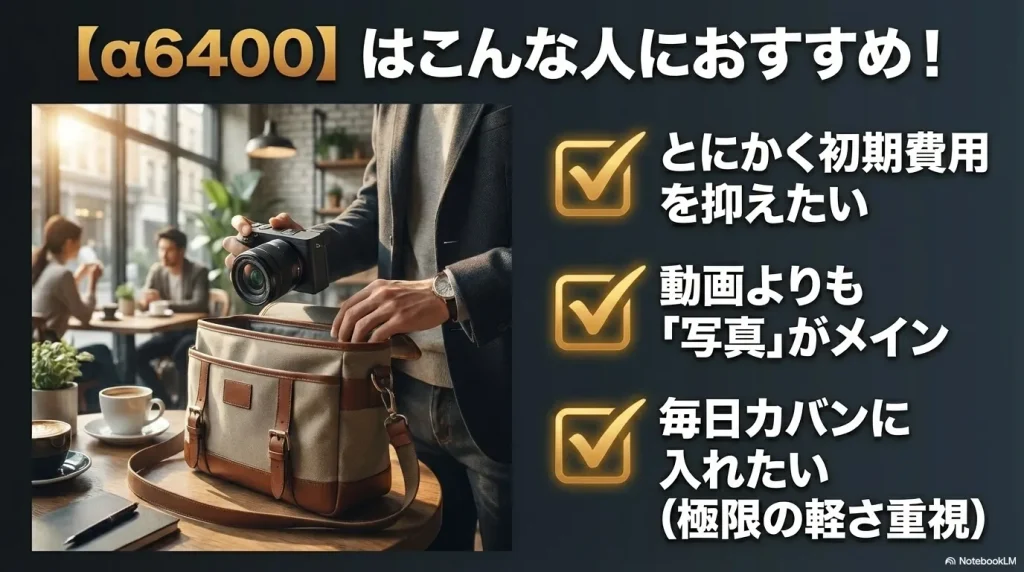 SONY α6400は初期費用を抑えたい、写真メイン、極限の軽さ重視の人におすすめ