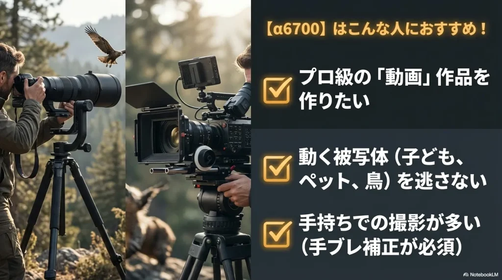 SONY α6700はプロ級の動画を作りたい、動く被写体を撮る、手持ち撮影が多い人におすすめ