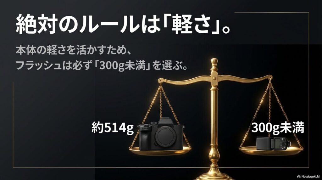 α7cii本体の軽さを活かすため、フラッシュは必ず300g未満を選ぶべきであることを示す図
