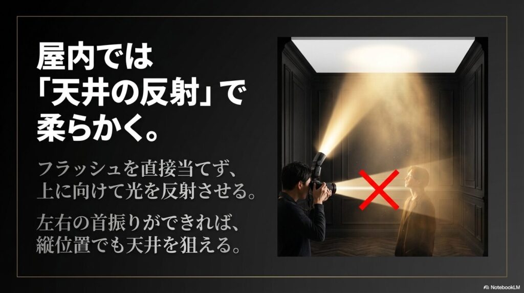被写体にフラッシュを直接当てず、上に向けて光を天井に反射させるバウンス撮影の解説図