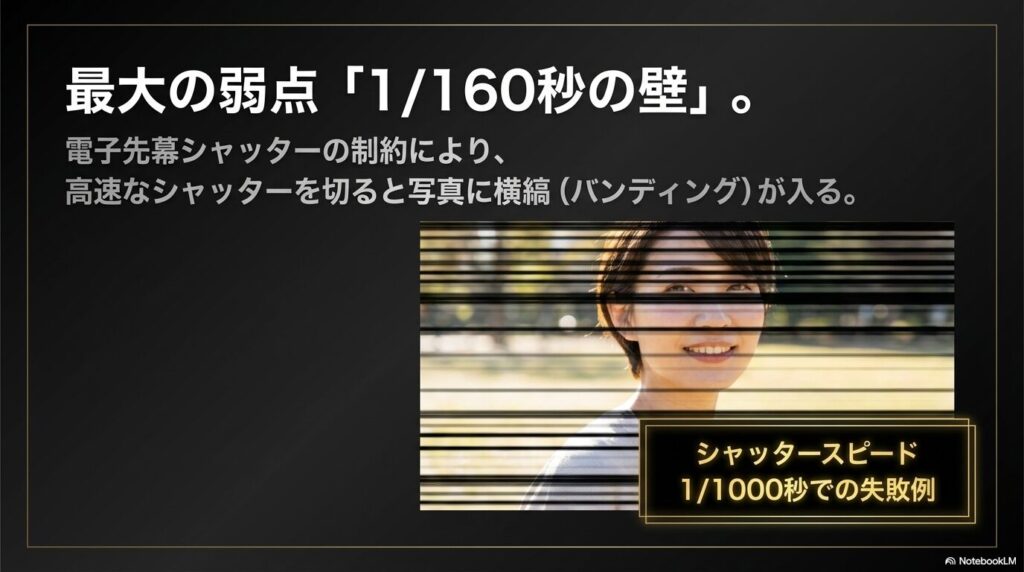 1/160秒の壁を超えて高速なシャッターを切った際に写真に入る横縞（バンディング）の失敗例