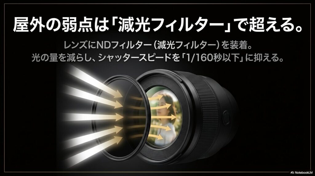 光の量を減らし、シャッタースピードを1/160秒以下に抑えるNDフィルターの活用法
