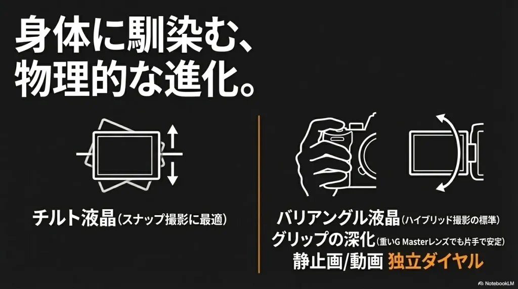 α7IVとα7IIIのモニター機構の違い（チルト液晶とバリアングル液晶）や、グリップのホールド感の進化を図解したスライド